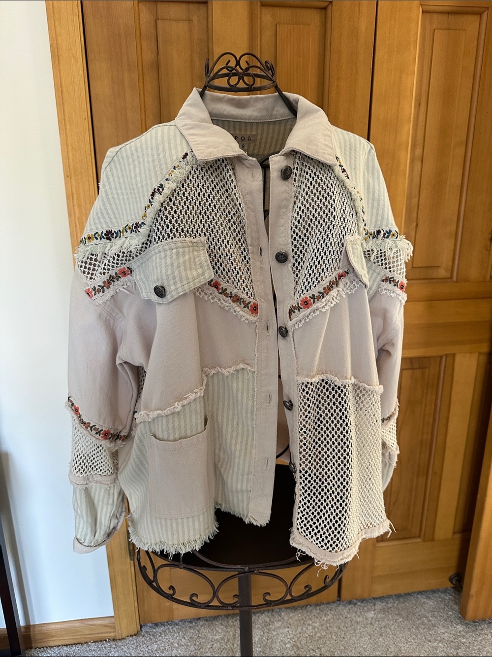 POL Patchwork Utility Jacket in Light Beige with Cream Panels